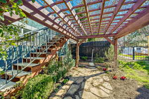 Fenced backyard featuring a pergola and a patio area