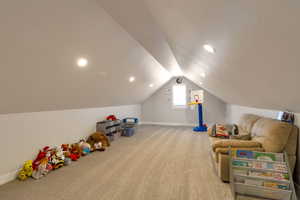 Rec room featuring light carpet and recessed lighting