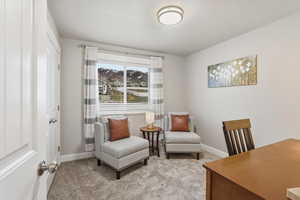 Sitting room featuring light carpet