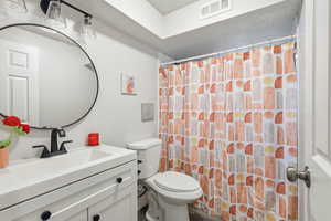 Full bathroom featuring vanity and a shower with shower curtain
