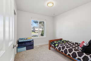 Bedroom with light carpet and baseboards