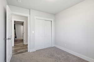 Unfurnished bedroom with carpet flooring and a closet