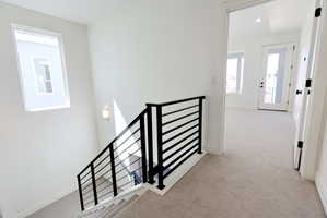 Stairs featuring metal railing and a high ceiling