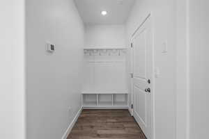 Mudroom featuring dark wood finished floors and recessed lighting