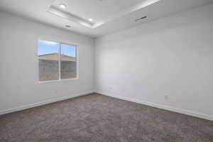 Unfurnished room with dark carpet and a tray ceiling