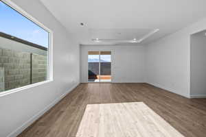 Unfurnished room with a raised ceiling, light wood finished floors, and a mountain view