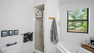 Full bathroom featuring a jetted tub and a stall shower