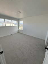 Carpeted empty room with baseboards and a textured ceiling