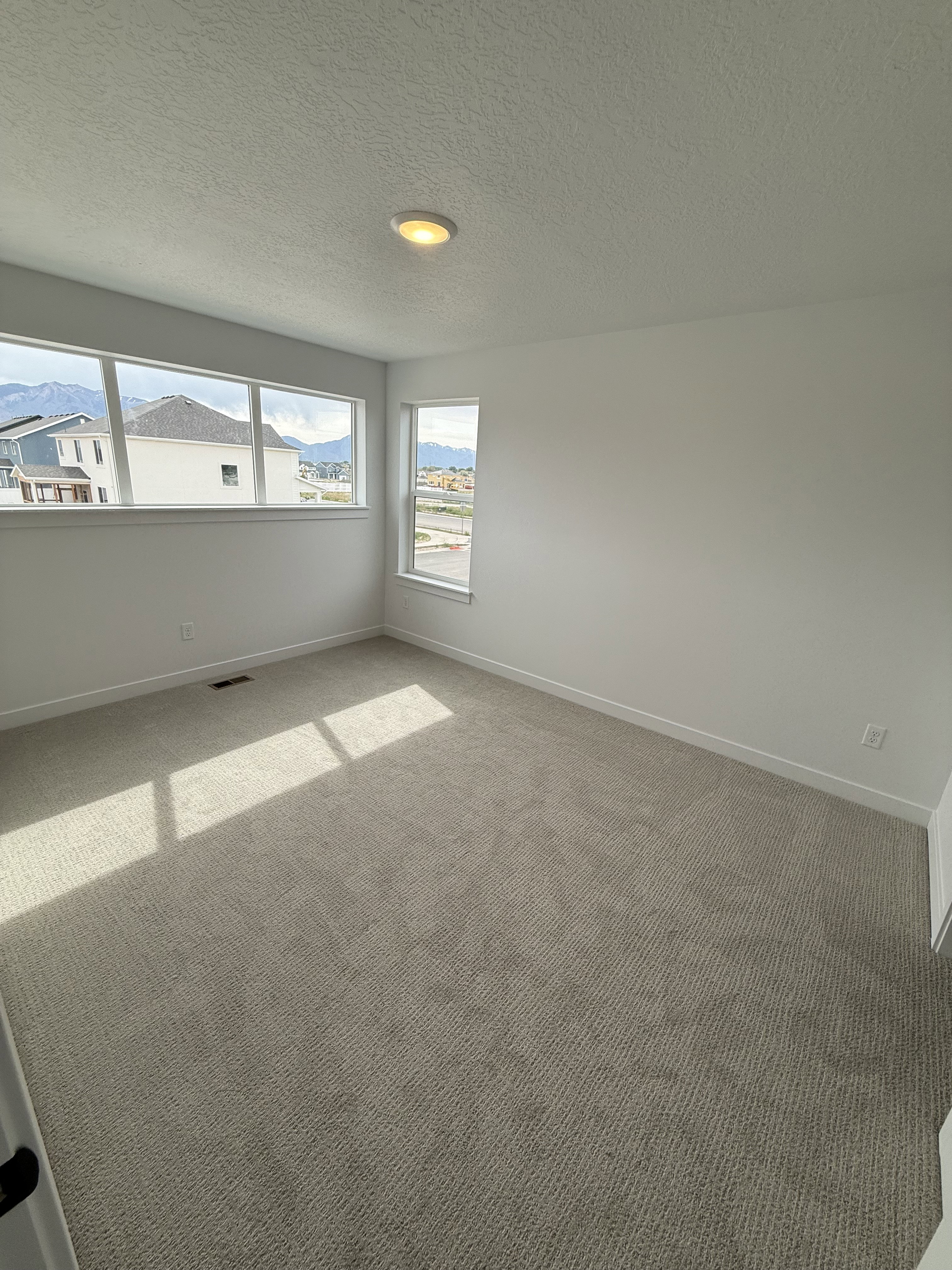 Expansive room featuring light-toned carpet flooring, white walls, and a flush-mount ceiling light fixture