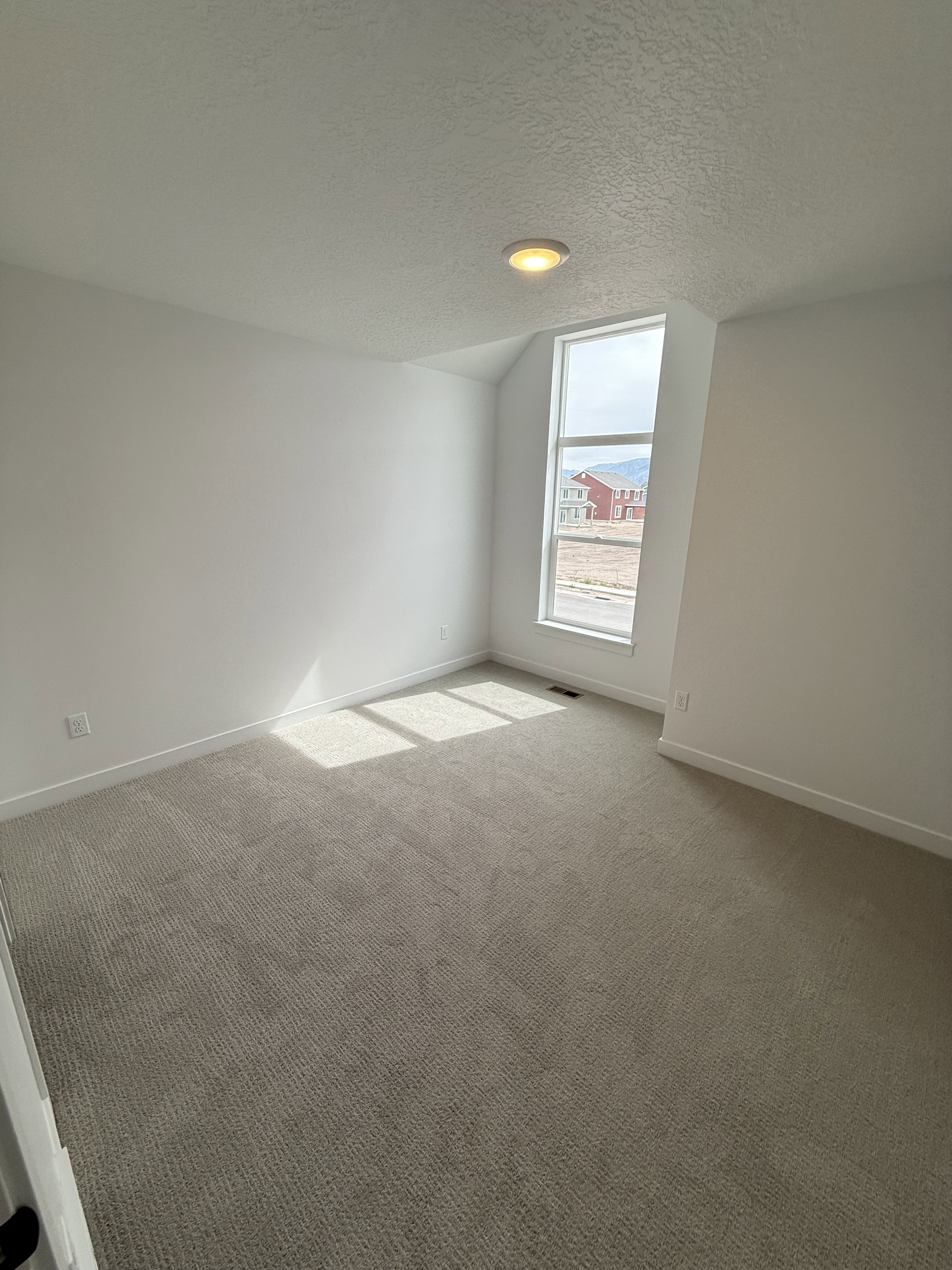 Carpeted room featuring a large vertical window, white walls, and a ceiling-mounted light fixture