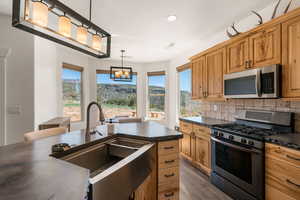Kitchen featuring stainless steel appliances, decorative backsplash, light wood finished floors, and healthy amount of natural light