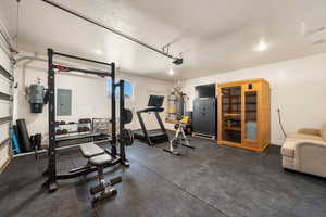 Workout room with a sauna, a garage, electric panel, and dark flooring