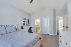 Bedroom featuring carpet, ceiling fan, and Jack and jill bathroom