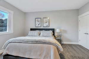Downstairs bedroom with  carpet
