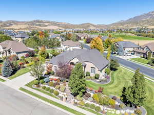Aerial view of residential area with mountains