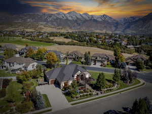 Fall Aerial view at dusk of front of home