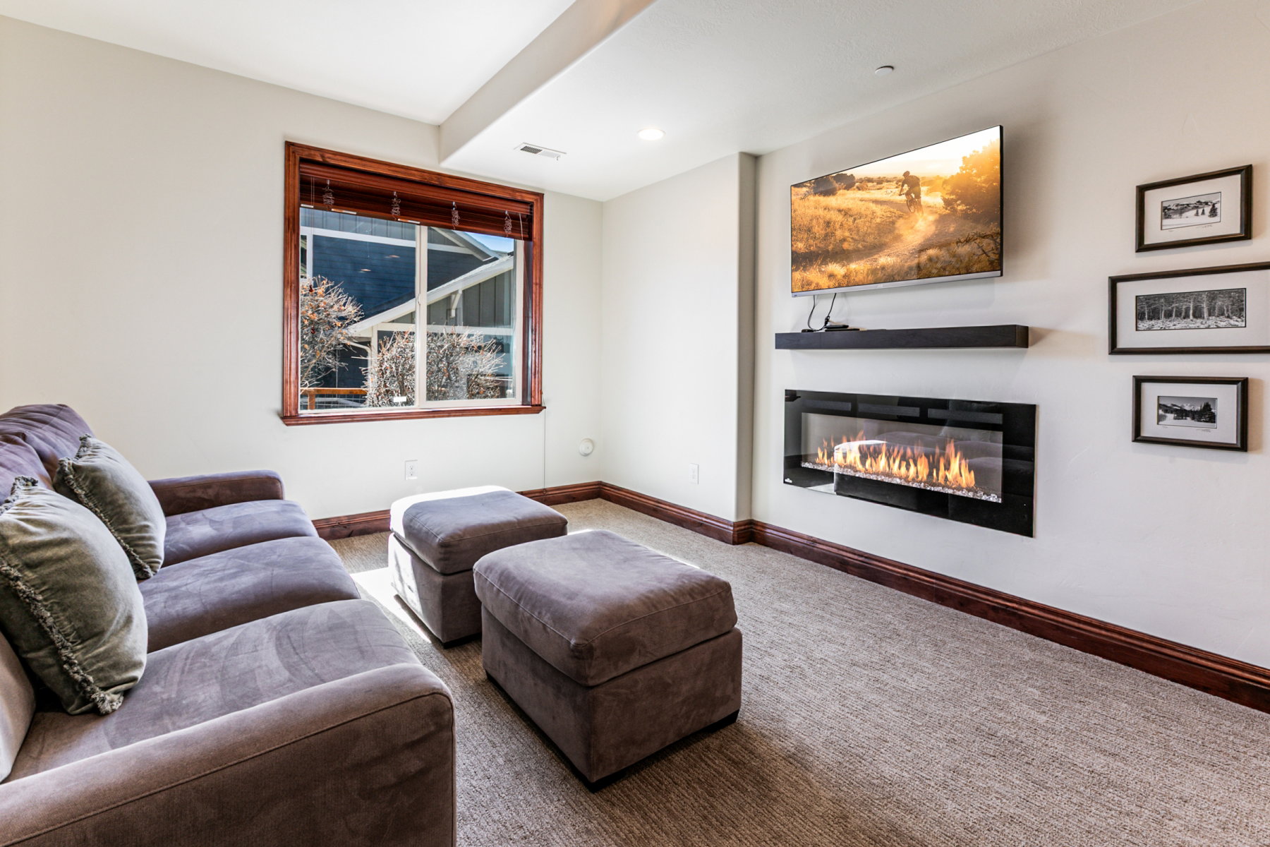Living area featuring a contemporary wall-mounted linear fireplace, neutral carpeting, and a window with wood trim