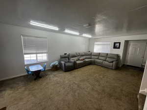 Unfurnished living room featuring carpet, a textured ceiling, and healthy amount of natural light