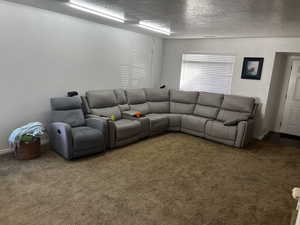 Living room with a textured ceiling and carpet flooring