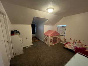 Recreation room with dark colored carpet and baseboards