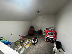 Playroom featuring carpet and vaulted ceiling