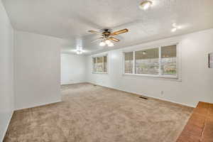 Empty room featuring carpet floors, a textured ceiling, and ceiling fan