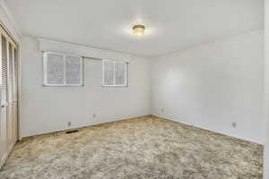 Unfurnished bedroom featuring carpet floors, ornamental molding, and a closet
