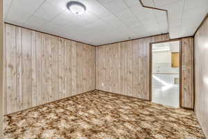 Carpeted spare room with wood walls