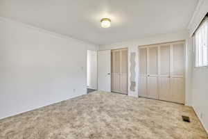 Unfurnished bedroom featuring multiple closets, ornamental molding, and carpet flooring