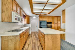 Kitchen with light countertops, a kitchen island, light wood-style flooring, wood finish cabinets, and stainless steel appliances