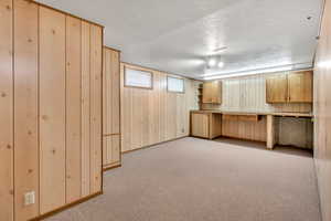 Basement featuring light colored carpet, a textured ceiling, and wooden walls