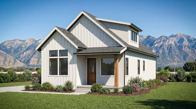 Modern farmhouse featuring a mountain view, board and batten siding, a front yard, and roof with shingles