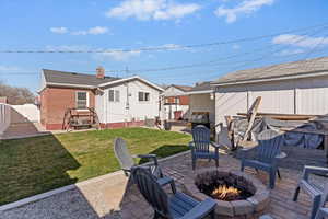 Fenced backyard with a patio and a fire pit