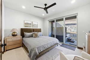 Bedroom with light carpet, access to outside, ceiling fan, and recessed lighting