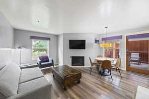 Living room with wood finished floors, a glass covered fireplace, baseboard heating, and suspended lighting