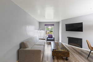 Living room featuring a glass covered fireplace and wood finished floors
