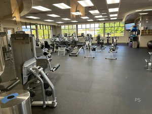 Workout area featuring a drop ceiling