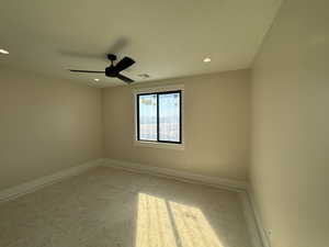 Spare room with recessed lighting and ceiling fan