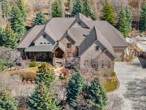 View from above of property featuring a tree filled landscape