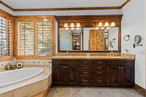 Full bathroom featuring double vanity, ornamental molding, a bath, and a spacious closet