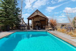 Outdoor pool featuring a patio and an outdoor bar and dining area