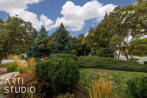 View of yard with view of wooded area