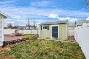 View of shed with a fenced backyard