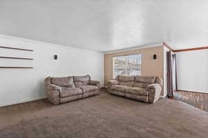 Living area featuring dark carpet, ornamental molding, and a textured ceiling