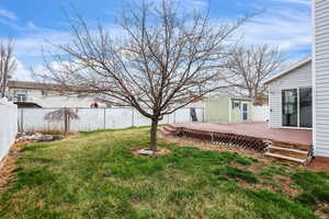 Fenced backyard featuring a deck and a shed