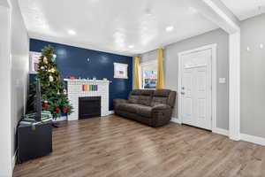 Living area with a fireplace, wood finished floors, and recessed lighting