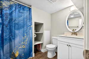 Full bathroom with vanity, a shower with curtain, dark wood-type flooring, and a textured ceiling