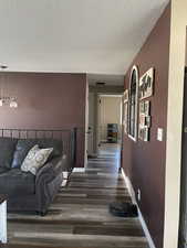 Hall featuring a textured ceiling, dark wood finished floors, and hanging lights