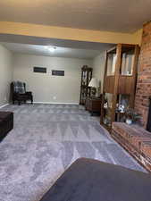 Living area featuring a textured ceiling and carpet flooring