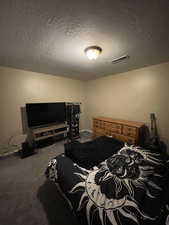Bedroom featuring a textured ceiling and carpet floors